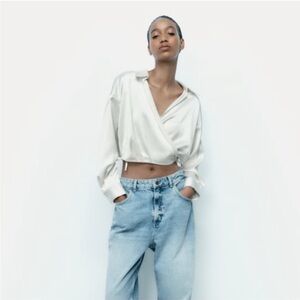 Cream Wrap Blouse and Light Blue Jeans